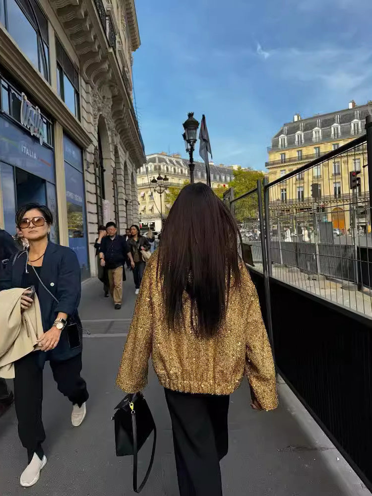 Lune London | Women's bomber jacket with golden sequins and relaxed fit for party or leisure use