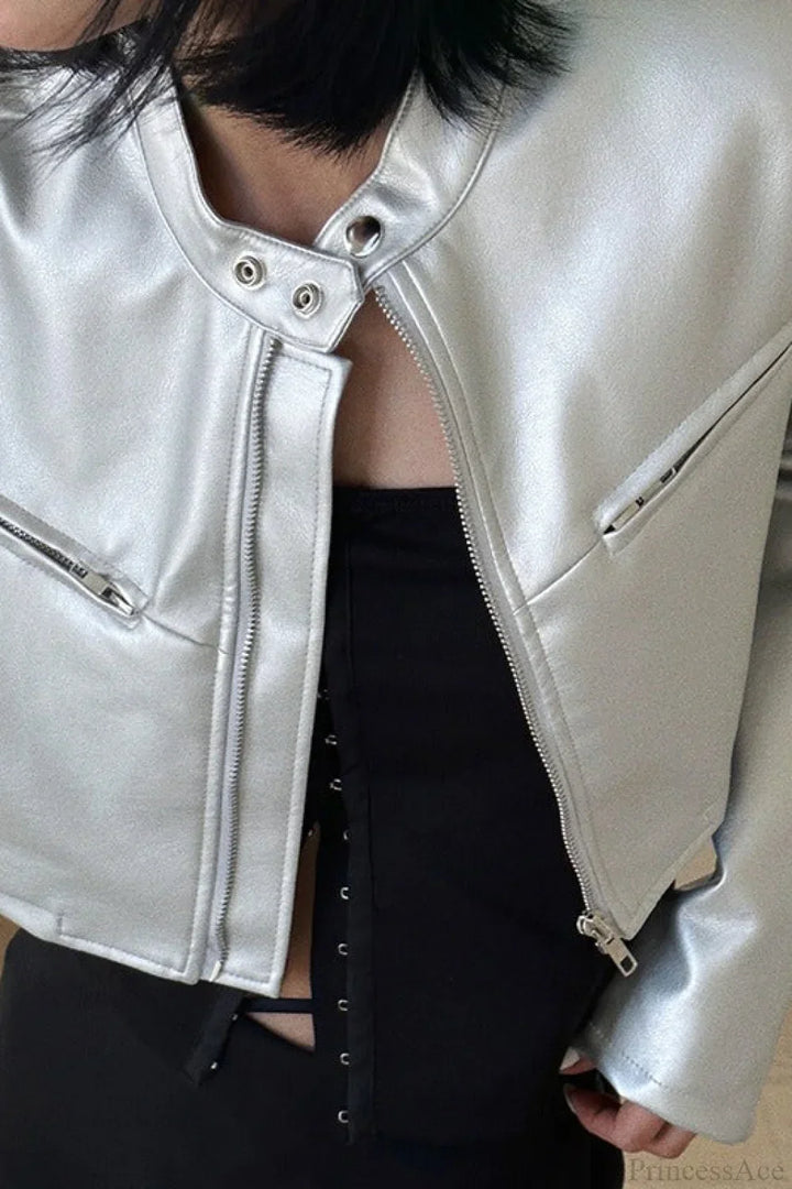 Lune London | Funnel Neck Snap Leather Short Jacket