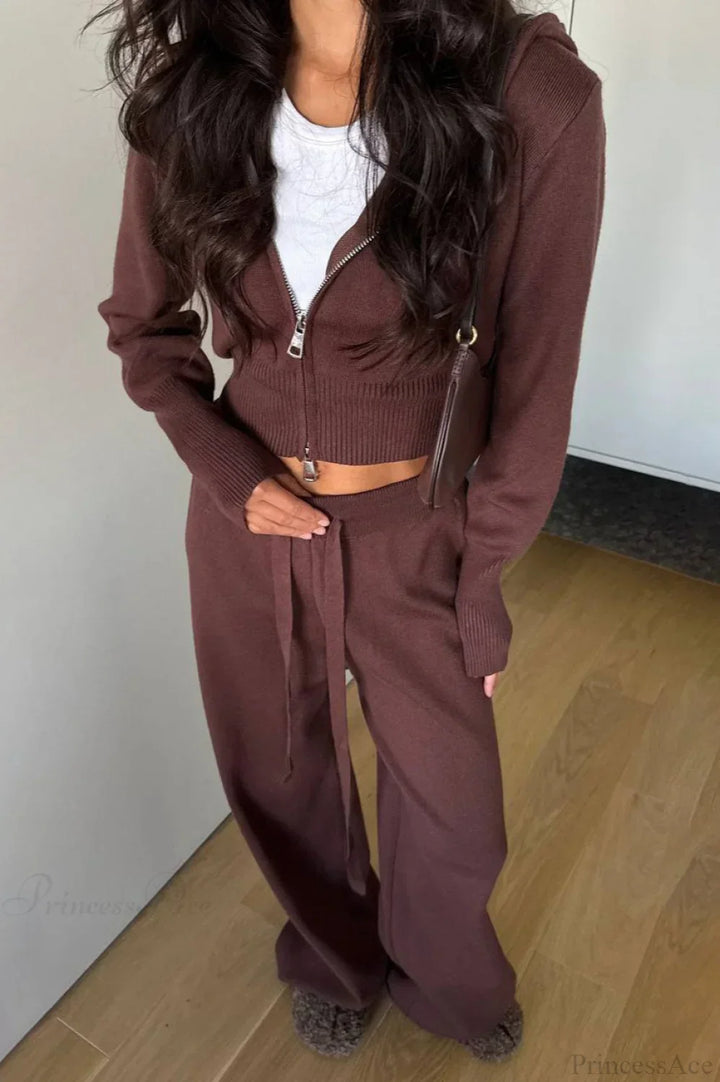 Lune London | Knit Short Zipper Jacket Relaxed Pants Two-Piece Set