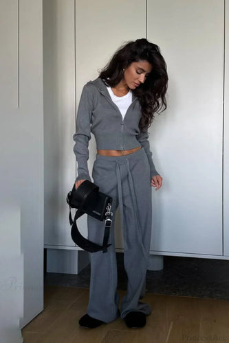 Lune London | Knit Short Zipper Jacket Relaxed Pants Two-Piece Set