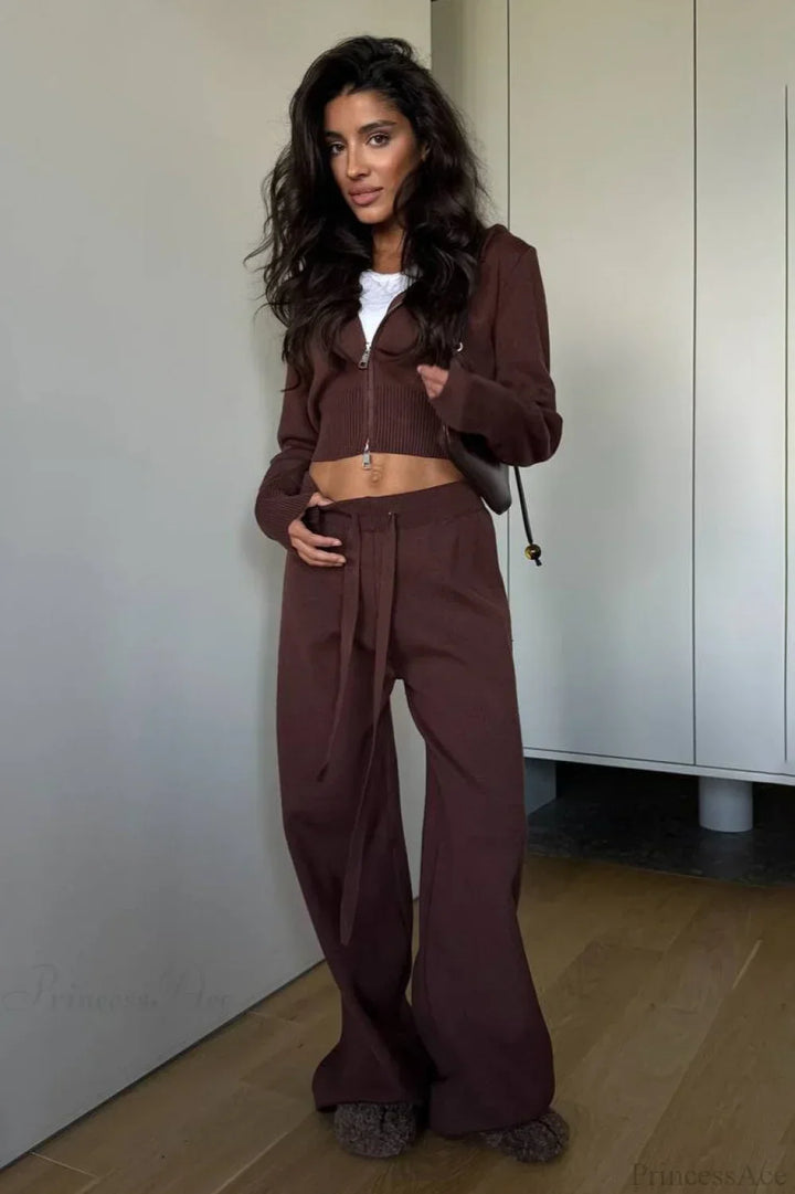 Lune London | Knit Short Zipper Jacket Relaxed Pants Two-Piece Set