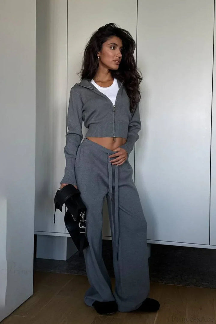 Lune London | Knit Short Zipper Jacket Relaxed Pants Two-Piece Set