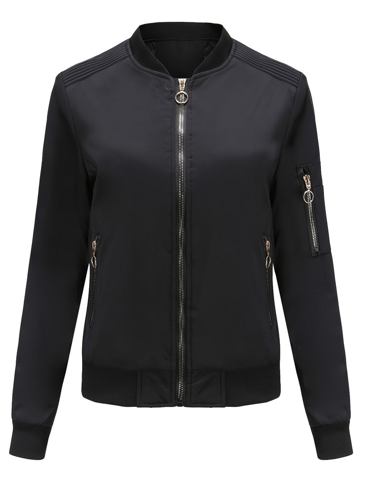 Lune London | Solid Color Polyester Bomber Jacket with Baseball Collar and Zipper Pocket