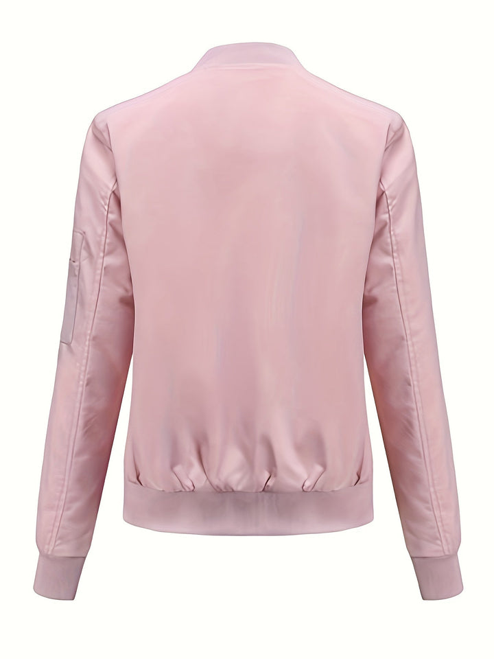 Lune London | Solid Color Polyester Bomber Jacket with Baseball Collar and Zipper Pocket