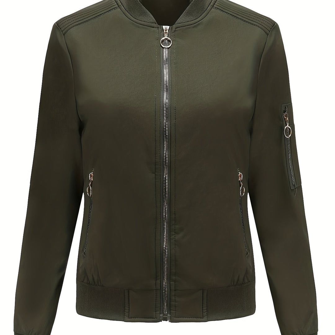 Lune London | Solid Color Polyester Bomber Jacket with Baseball Collar and Zipper Pocket