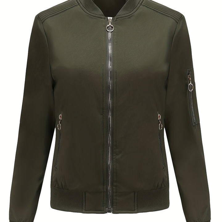 Lune London | Solid Color Polyester Bomber Jacket with Baseball Collar and Zipper Pocket