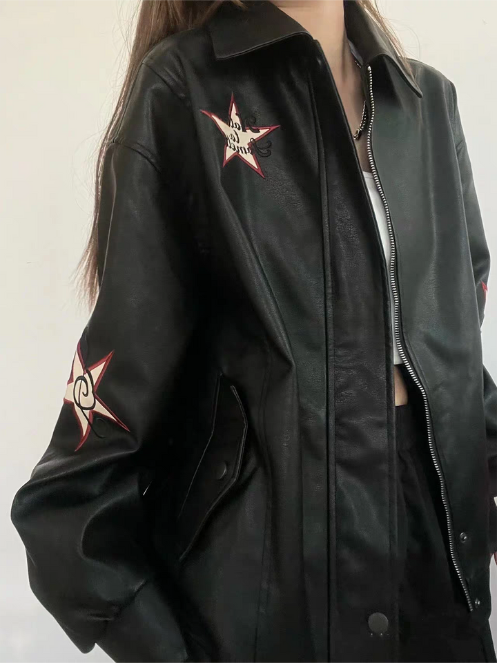 Lune London | Leather jacket with lapel collar and embroidery