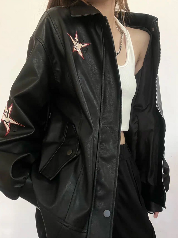 Lune London | Leather jacket with lapel collar and embroidery
