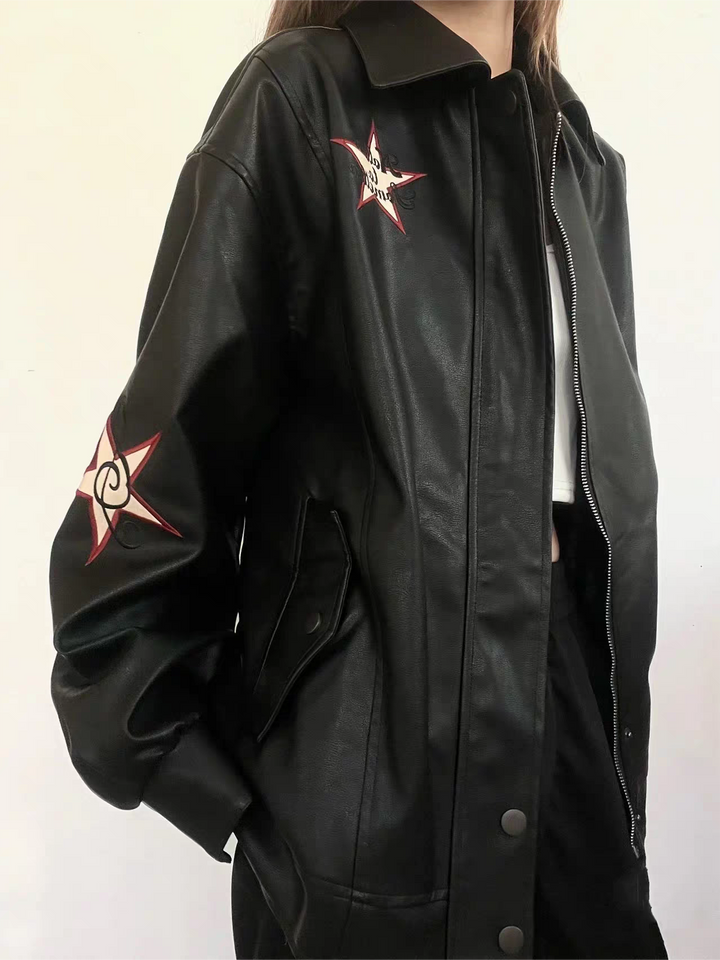 Lune London | Leather jacket with lapel collar and embroidery