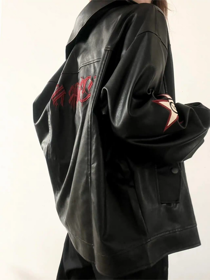 Lune London | Leather jacket with lapel collar and embroidery