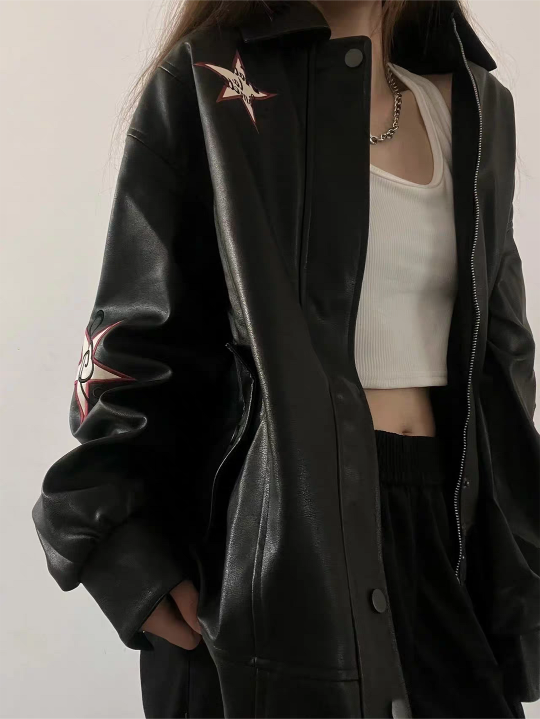 Lune London | Leather jacket with lapel collar and embroidery