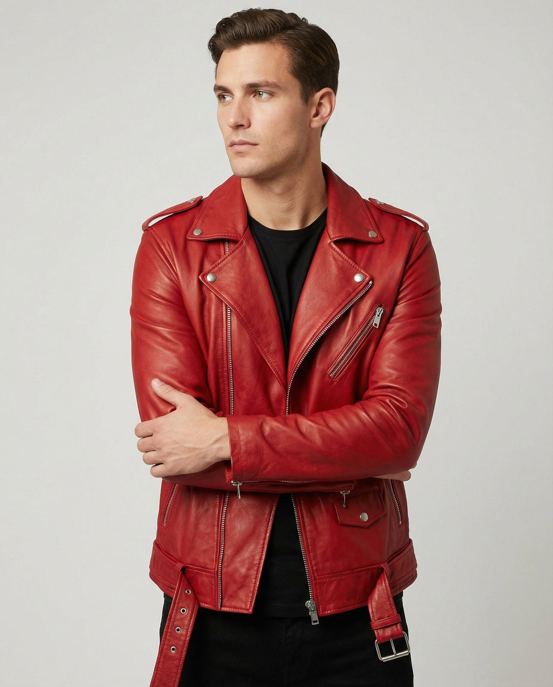 Men's Genuine Leather Biker Jacket with Design Accents