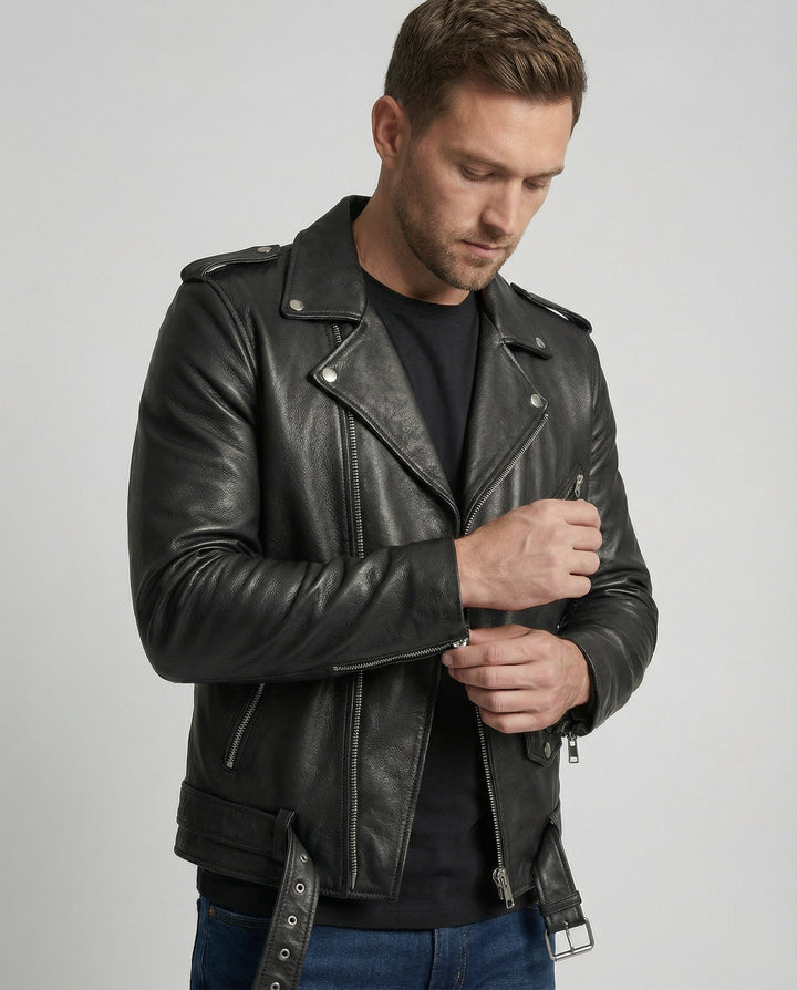 Men's Biker Leather Jacket with Pockets