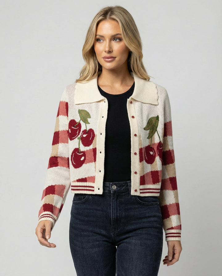 Ladies cheerful Cropped knitted jacket with cherry blossom floral pattern Lune London