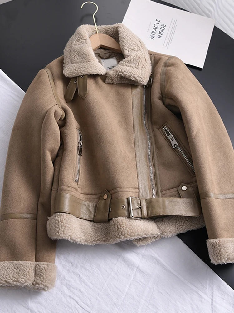 Lune London | Women's Leather Jacket with Shearling Lining Asymmetrical Zipper Belt
