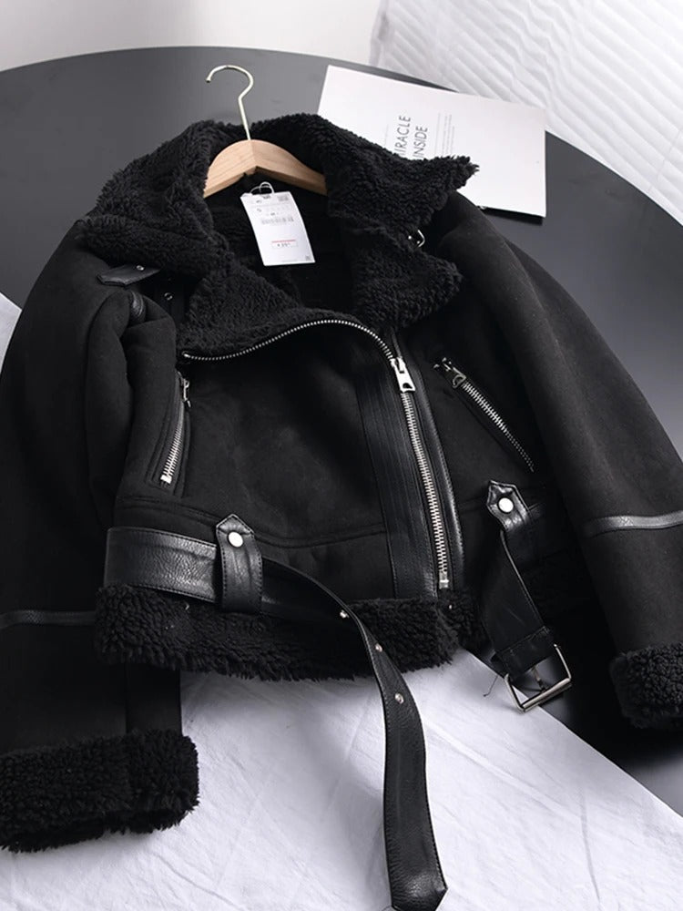 Lune London | Women's Leather Jacket with Shearling Lining Asymmetrical Zipper Belt