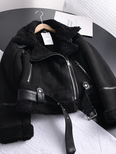 Lune London | Women's Leather Jacket with Shearling Lining Asymmetrical Zipper Belt