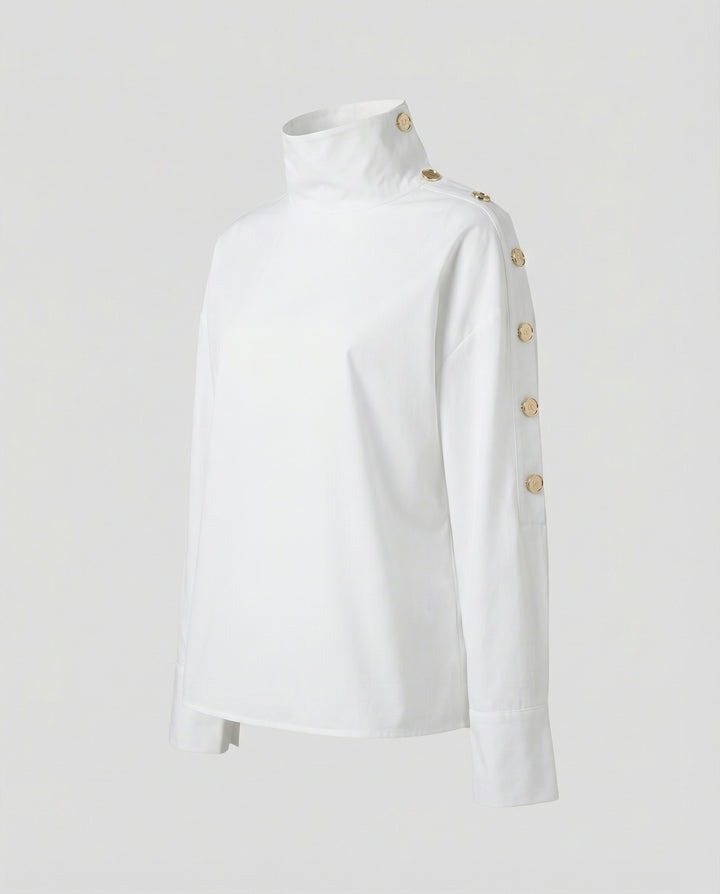 Women’s Cotton-Blend Blouse with Stand-Up Collar & Buckle Detail | Lune London