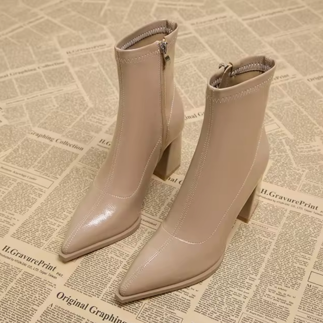 Lune London | Ankle Boots - Genuine Leather - Pointed Toes - Block Heel - Zipper Closure