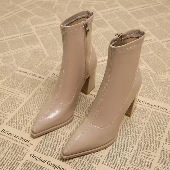 Lune London | Ankle Boots - Genuine Leather - Pointed Toes - Block Heel - Zipper Closure