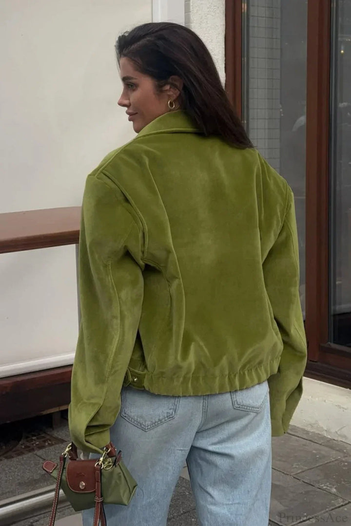 Lune London | Green Velvet Loose Baseball Lapel Jacket