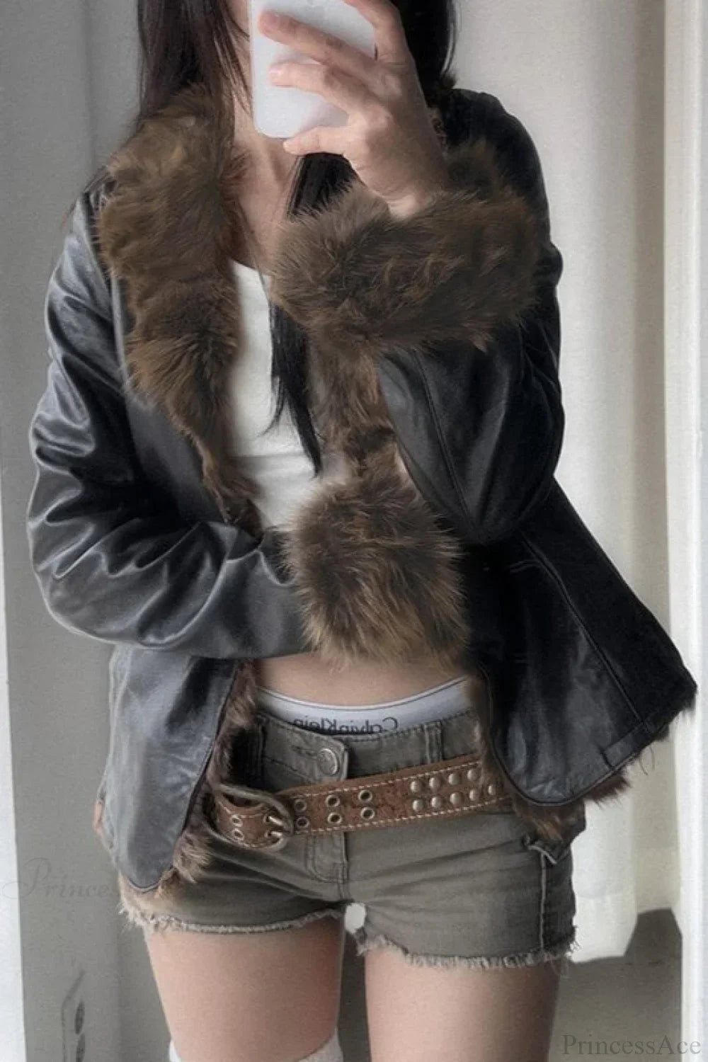 Lune London | Y2K Fur Collar Leather Waist - Ruching Jacket