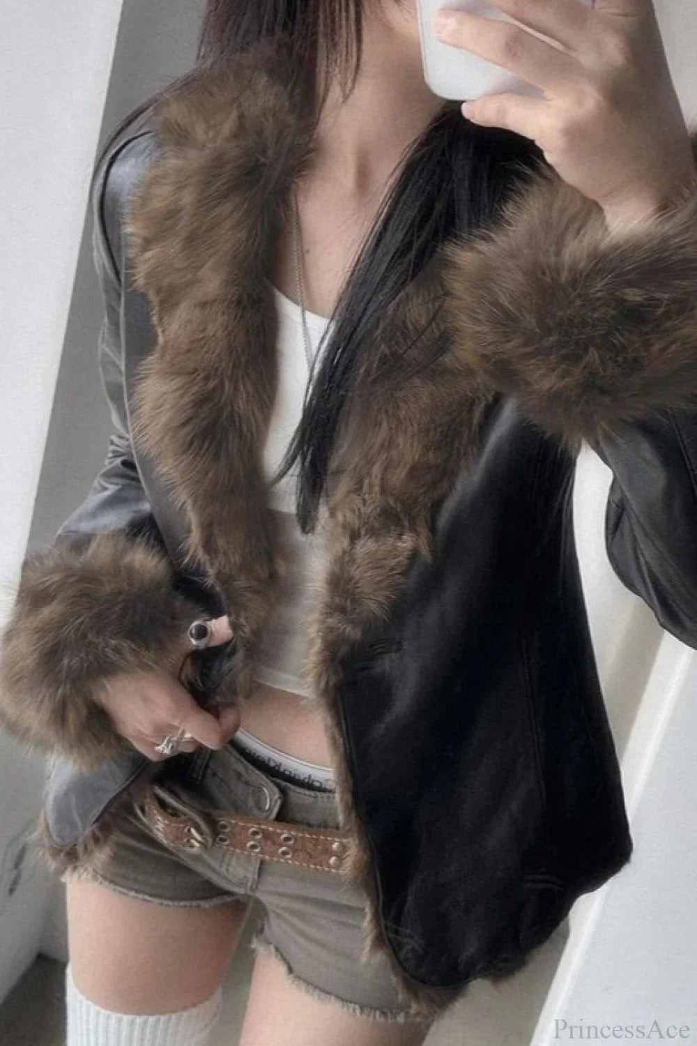 Lune London | Y2K Fur Collar Leather Waist - Ruching Jacket