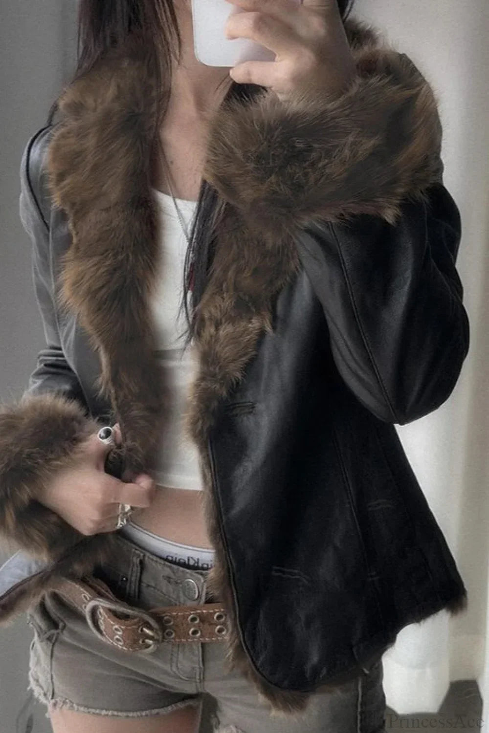 Lune London | Y2K Fur Collar Leather Waist - Ruching Jacket