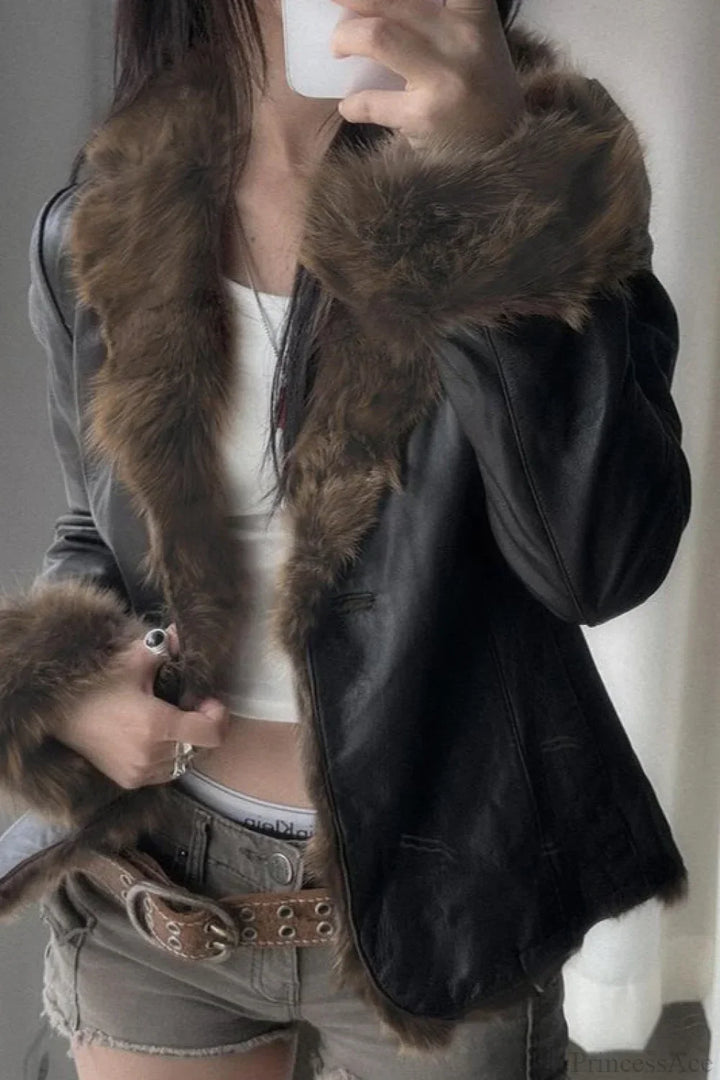 Lune London | Y2K Fur Collar Leather Waist - Ruching Jacket