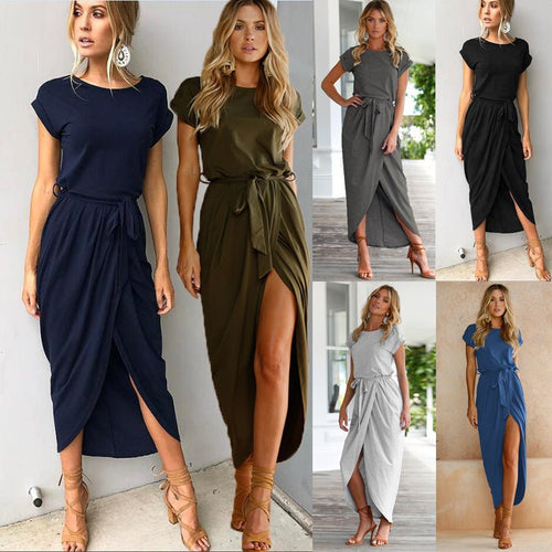 Chic und Stil | Fashionable Short-Sleeved Maxi Dress with Round Neck and Front Slit