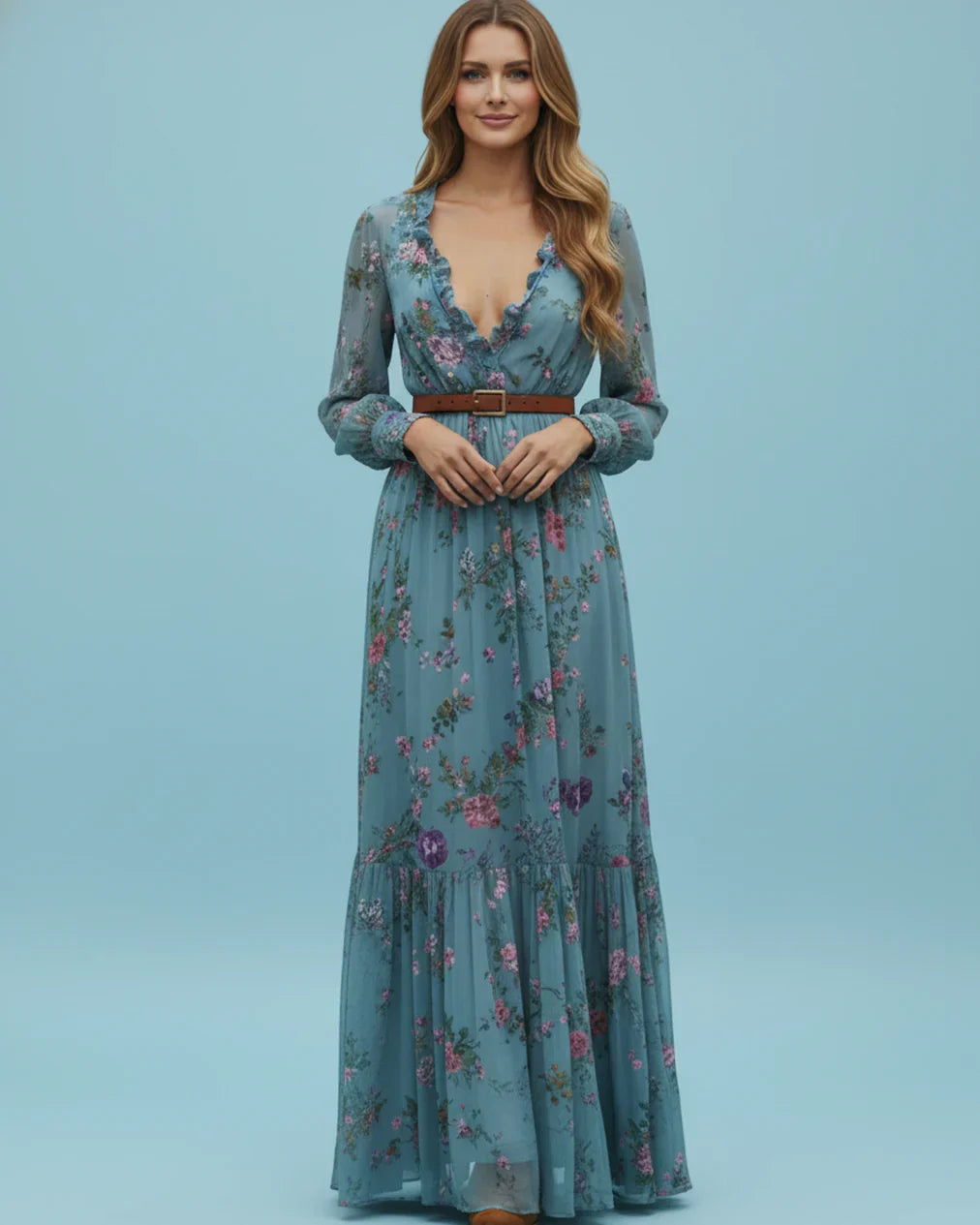 Boho Women's Maxi Dress with Low V-Neck and Long Sleeve Lune London
