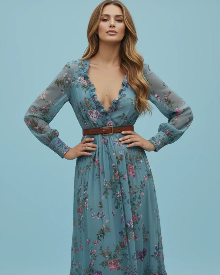 Boho Women's Maxi Dress with Low V-Neck and Long Sleeve Lune London