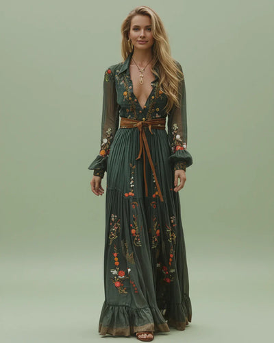 Boho Women's Maxi Dress with Low V-Neck and Long Sleeve Lune London