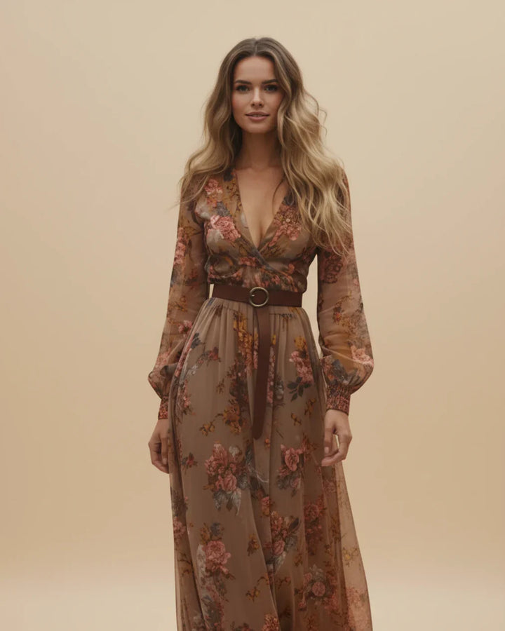 Boho Women's Maxi Dress with Low V-Neck and Long Sleeve Lune London