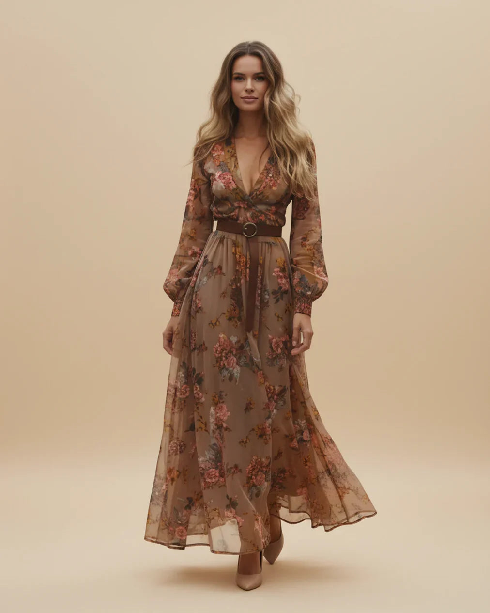 Boho Women's Maxi Dress with Low V-Neck and Long Sleeve Lune London